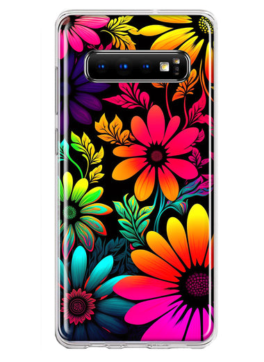Samsung Galaxy S10 Neon Rainbow Glow Colorful Abstract Flowers Floral Hybrid Protective Phone Case Cover
