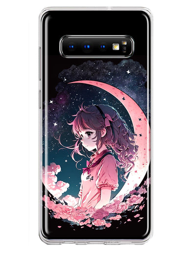 Samsung Galaxy S10 Plus Kawaii Manga Pink Cherry Blossom Dreaming Moon Girl Hybrid Protective Phone Case Cover