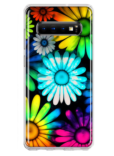 Samsung Galaxy S10 Neon Rainbow Daisy Glow Colorful Daisies Baby Blue Pink Yellow White Double Layer Phone Case Cover