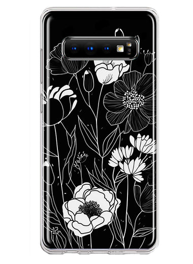 Samsung Galaxy S10 Plus Line Drawing Art White Floral Flowers Hybrid Protective Phone Case Cover
