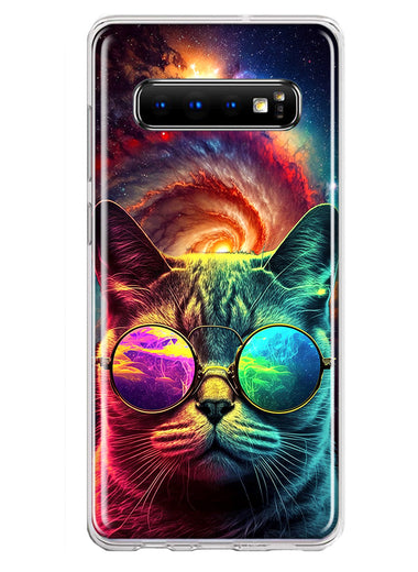 Samsung Galaxy S10 Plus Neon Rainbow Galaxy Cat Hybrid Protective Phone Case Cover