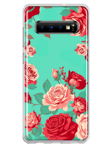 Samsung Galaxy S10 Plus Turquoise Teal Vintage Pastel Pink Red Roses Double Layer Phone Case Cover