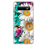 Samsung Galaxy S10 Colorful Crystal White Daisies Rainbow Gems Teal Double Layer Phone Case Cover