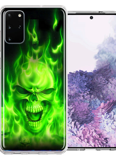 Samsung Galaxy S20 Plus Green Flaming Skull Design Double Layer Phone Case Cover