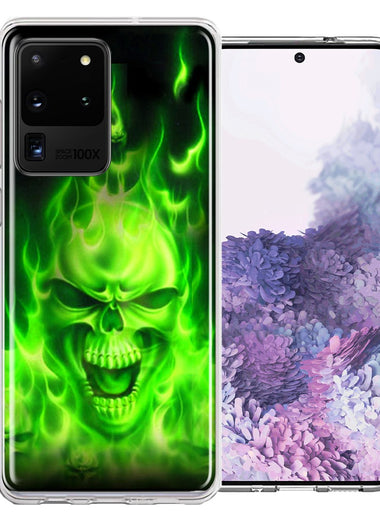 Samsung Galaxy S20 Ultra Green Flaming Skull Design Double Layer Phone Case Cover