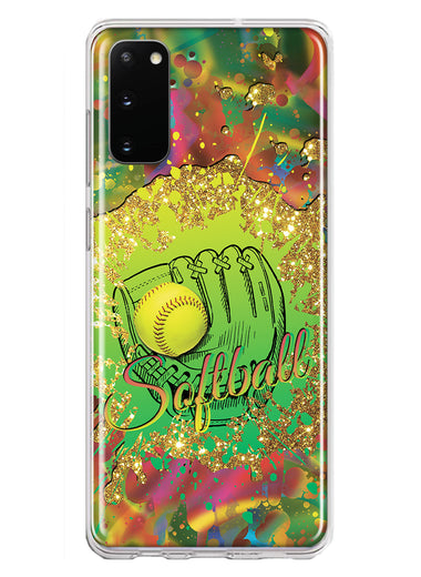 Samsung Galaxy S20 Love Softball Girls Glove Green Tie Dye Swirl Paint Hybrid Protective Phone Case Cover