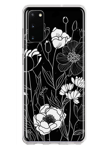 Samsung Galaxy S20 Line Drawing Art White Floral Flowers Hybrid Protective Phone Case Cover