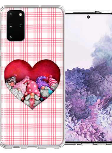 Samsung Galaxy S20 Plus Valentine's Day Garden Gnomes Heart Love Pink Plaid Double Layer Phone Case Cover