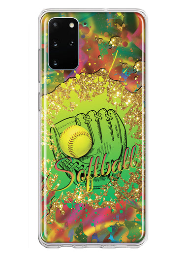 Samsung Galaxy S20 Plus Love Softball Girls Glove Green Tie Dye Swirl Paint Hybrid Protective Phone Case Cover