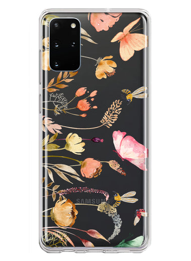Samsung Galaxy S20 Plus Peach Meadow Wildflowers Butterflies Bees Watercolor Floral Hybrid Protective Phone Case Cover