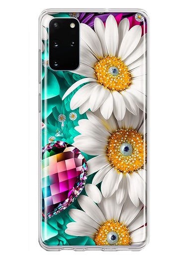Samsung Galaxy S20 Plus Colorful Crystal White Daisies Rainbow Gems Teal Double Layer Phone Case Cover