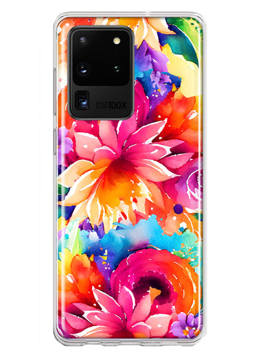Samsung Galaxy S20 Ultra Watercolor Paint Summer Rainbow Flowers Bouquet Bloom Floral Hybrid Protective Phone Case Cover