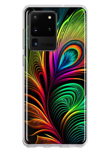 Samsung Galaxy S20 Ultra Neon Rainbow Glow Peacock Feather Hybrid Protective Phone Case Cover