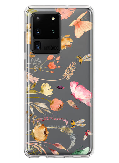 Samsung Galaxy S20 Ultra Peach Meadow Wildflowers Butterflies Bees Watercolor Floral Hybrid Protective Phone Case Cover
