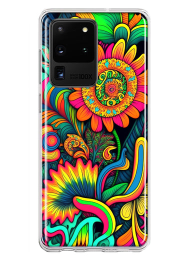 Samsung Galaxy S20 Ultra Neon Rainbow Psychedelic Indie Hippie Sunflowers Hybrid Protective Phone Case Cover