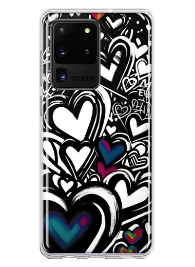 Samsung Galaxy S20 Ultra Black White Hearts Love Graffiti Hybrid Protective Phone Case Cover