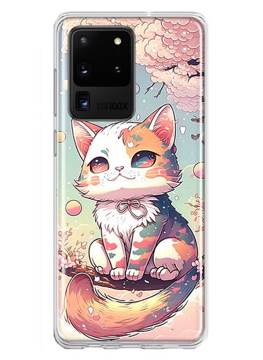 Samsung Galaxy S20 Ultra Kawaii Manga Pink Cherry Blossom Cute Cat Hybrid Protective Phone Case Cover