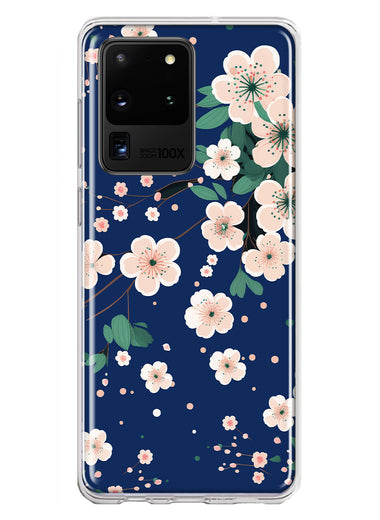 Samsung Galaxy S20 Ultra Kawaii Japanese Pink Cherry Blossom Navy Blue Hybrid Protective Phone Case Cover