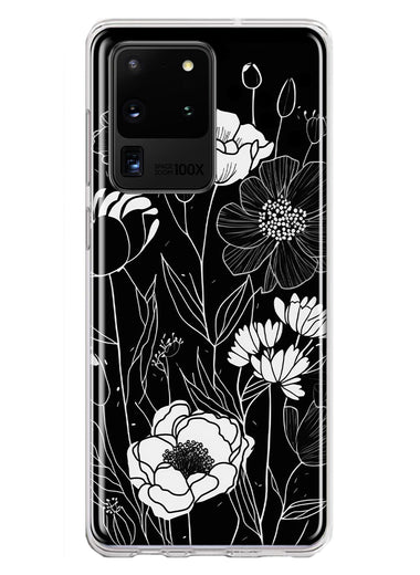 Samsung Galaxy S20 Ultra Line Drawing Art White Floral Flowers Hybrid Protective Phone Case Cover