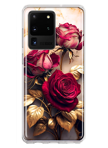 Samsung Galaxy S20 Ultra Romantic Elegant Gold Marble Red Roses Double Layer Phone Case Cover