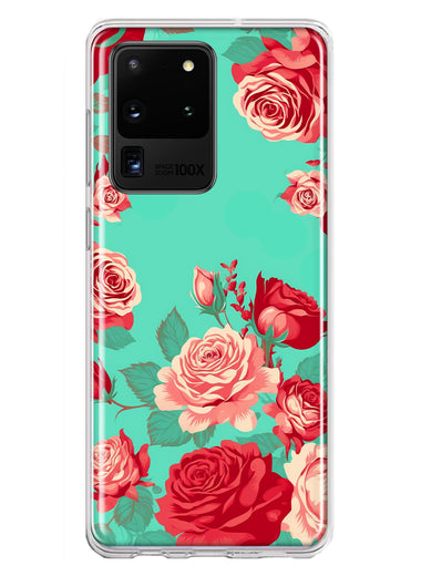 Samsung Galaxy S20 Ultra Turquoise Teal Vintage Pastel Pink Red Roses Double Layer Phone Case Cover
