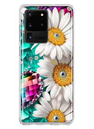 Samsung Galaxy S20 Ultra Colorful Crystal White Daisies Rainbow Gems Teal Double Layer Phone Case Cover