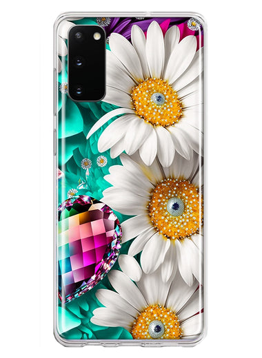 Samsung Galaxy S20 Colorful Crystal White Daisies Rainbow Gems Teal Double Layer Phone Case Cover