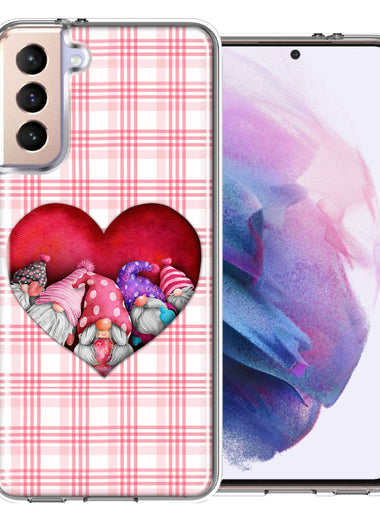 Samsung Galaxy S21 Plus Valentine's Day Garden Gnomes Heart Love Pink Plaid Double Layer Phone Case Cover