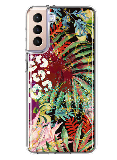 Samsung Galaxy S21 FE Leopard Tropical Flowers Vacation Dreams Hibiscus Floral Hybrid Protective Phone Case Cover