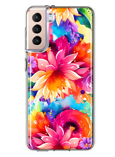 Samsung Galaxy S21 Watercolor Paint Summer Rainbow Flowers Bouquet Bloom Floral Hybrid Protective Phone Case Cover