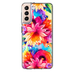 Samsung Galaxy S21 FE Watercolor Paint Summer Rainbow Flowers Bouquet Bloom Floral Hybrid Protective Phone Case Cover