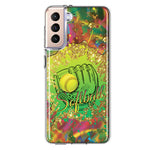 Samsung Galaxy S21 FE Love Softball Girls Glove Green Tie Dye Swirl Paint Hybrid Protective Phone Case Cover