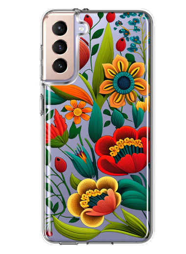 Samsung Galaxy S21 FE Colorful Red Orange Folk Style Floral Vibrant Spring Flowers Hybrid Protective Phone Case Cover