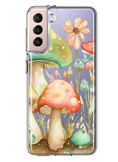 Samsung Galaxy S21 FE Fairytale Watercolor Mushrooms Pastel Spring Flowers Floral Hybrid Protective Phone Case Cover