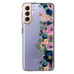 Samsung Galaxy S21 FE Navy Blue Summer Watercolor Floral Classic Purple Flowers Hybrid Protective Phone Case Cover