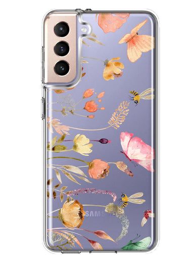 Samsung Galaxy S21 FE Peach Meadow Wildflowers Butterflies Bees Watercolor Floral Hybrid Protective Phone Case Cover
