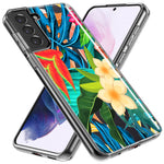 Samsung Galaxy S21 FE Blue Monstera Pothos Tropical Floral Summer Flowers Hybrid Protective Phone Case Cover