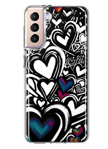 Samsung Galaxy S21 Plus Black White Hearts Love Graffiti Hybrid Protective Phone Case Cover