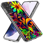 Samsung Galaxy S21 FE Neon Rainbow Psychedelic Trippy Hippie Daisy Flowers Hybrid Protective Phone Case Cover