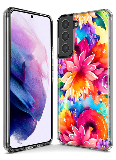 Samsung Galaxy S20 Ultra Watercolor Paint Summer Rainbow Flowers Bouquet Bloom Floral Hybrid Protective Phone Case Cover