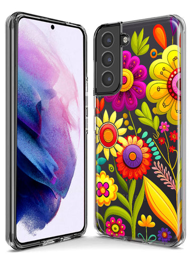 Samsung Galaxy S23 Ultra Colorful Yellow Pink Folk Style Floral Vibrant Spring Flowers Hybrid Protective Phone Case Cover