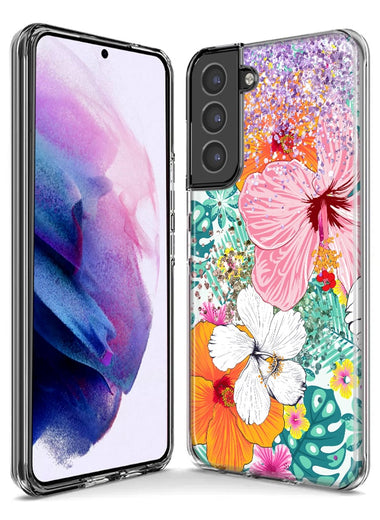 Samsung Galaxy S21 FE Hawaiian Vibes Hibiscus Flowers Monstera Vacation Summer Hybrid Protective Phone Case Cover