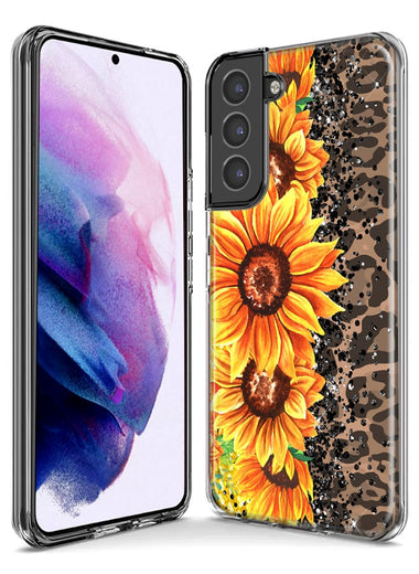 Samsung Galaxy S21 FE Yellow Summer Sunflowers Brown Leopard Honeycomb Hybrid Protective Phone Case Cover
