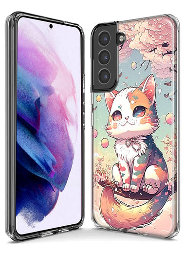 Samsung Galaxy Note 20 Ultra Kawaii Manga Pink Cherry Blossom Cute Cat Hybrid Protective Phone Case Cover