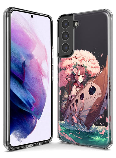 Samsung Galaxy S22 Ultra Kawaii Manga Pink Cherry Blossom Japanese Girl Boat Hybrid Protective Phone Case Cover