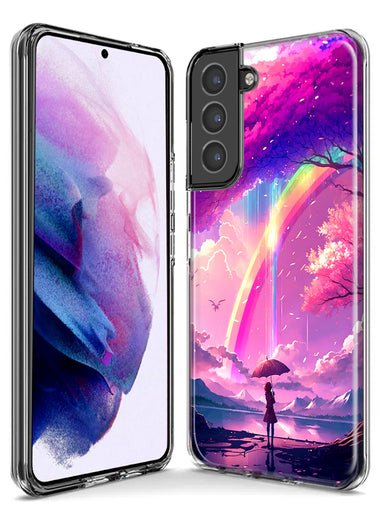 Samsung Galaxy S21 FE Kawaii Manga Pink Cherry Blossom Japanese Rainbow Girl Hybrid Protective Phone Case Cover