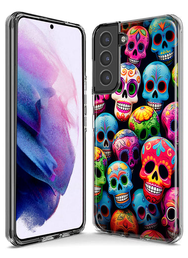 Samsung Galaxy S21 Plus Halloween Spooky Colorful Day of the Dead Skulls Hybrid Protective Phone Case Cover