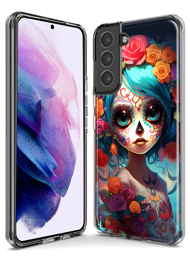 Samsung Galaxy S21 Halloween Spooky Colorful Day of the Dead Skull Girl Hybrid Protective Phone Case Cover