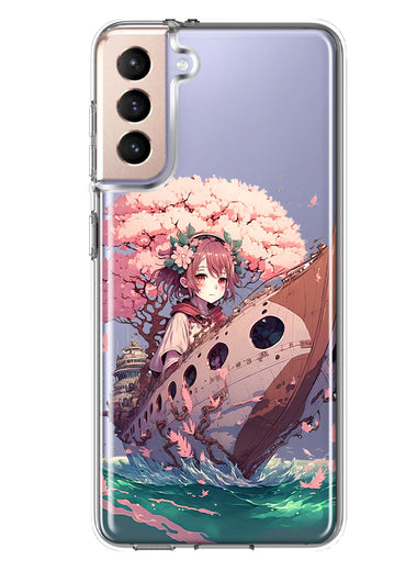 Samsung Galaxy S21 FE Kawaii Manga Pink Cherry Blossom Japanese Girl Boat Hybrid Protective Phone Case Cover