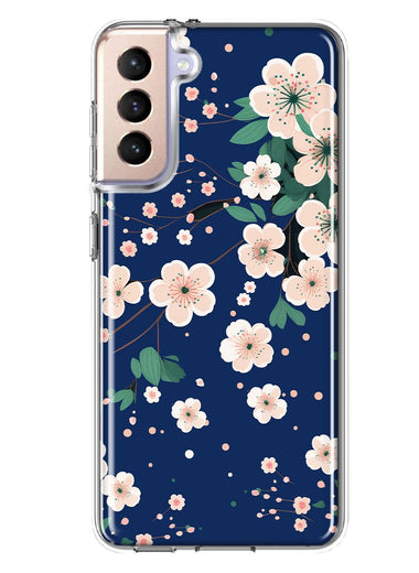Samsung Galaxy S21 FE Kawaii Japanese Pink Cherry Blossom Navy Blue Hybrid Protective Phone Case Cover